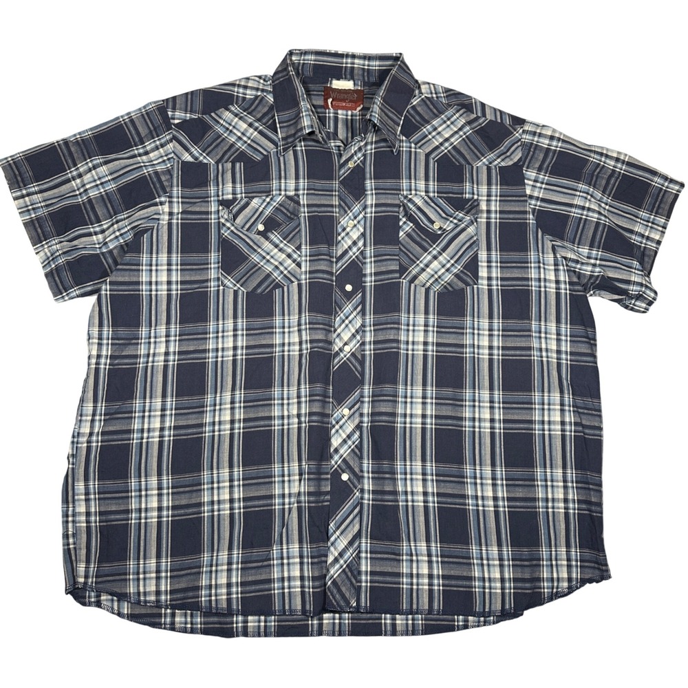 Wrangler Western Shirt Mens 2XL Big Man Navy Blue Plaid Short Sleeve Pearl Snap